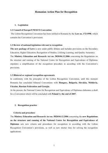 Romanian Action Plan for Recognition and Equivalence of Diplomas