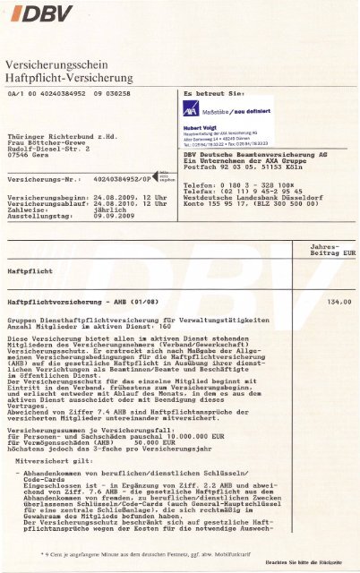 Rckgabe Original Versicherungsschein