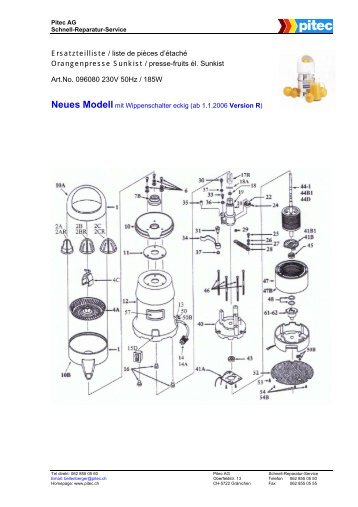 Ersatzteilliste / liste de pièces d'étaché Orangenpresse Sunkist - Pitec