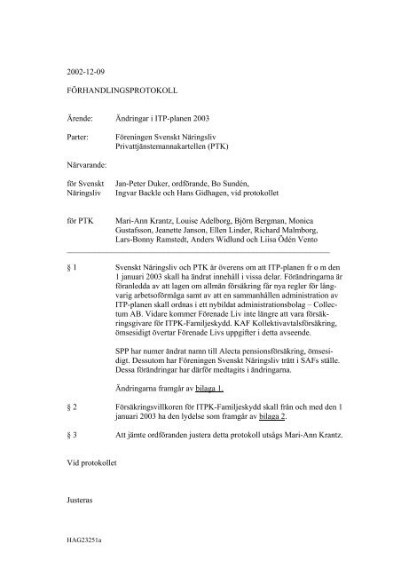 Ändringar i ITP-planen 2003 Parter: Föreningen Svenskt ... - PTK