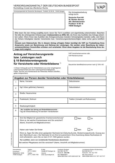 Antrag auf Versicherungsrente für Versicherte oder 