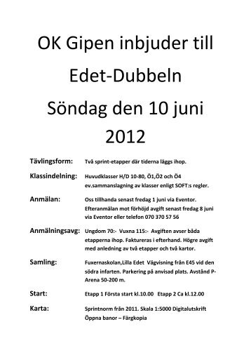 OK Gipen inbjuder till Edet-Dubbeln Söndag den 10 juni 2012