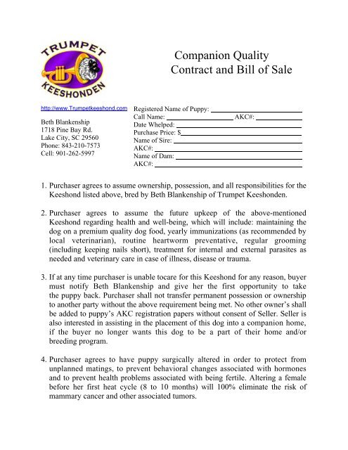 Companion Quality Contract and Bill of Sale - Trumpet Keeshonden