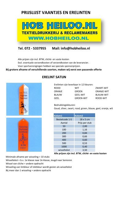 PRIJSLIJST VAANTJES EN ERELINTEN - HOB Heiloo