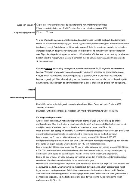Offerte Kapitaalverzekering bij overlijden - Ahold Pensioenfonds