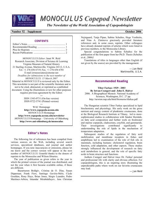 MONOCULUS Copepod Newsletter - World Association of ...