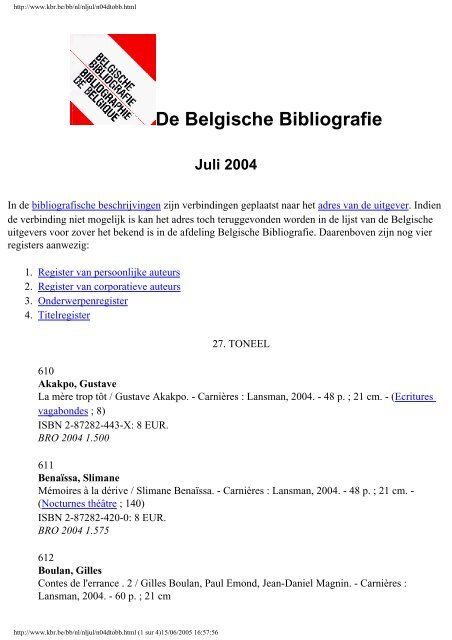 De Belgische Bibliografie - Koninklijke Bibliotheek van België