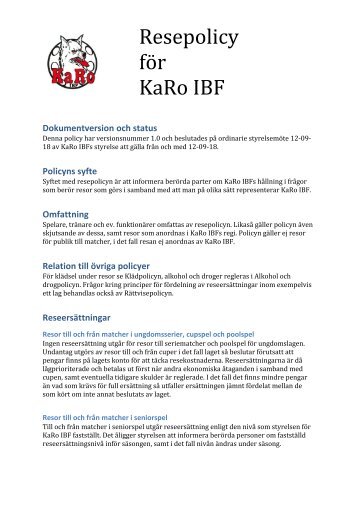 Resepolicy för KaRo IBF - Svenskalag.se