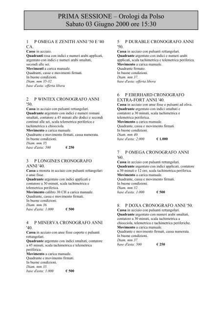 PRIMA SESSIONE a Orologi da Polso Sabato 03 Giugno 2000 ore
