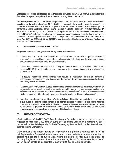 Compendio de Precedentes de Observancia Obligatoria - Sunarp