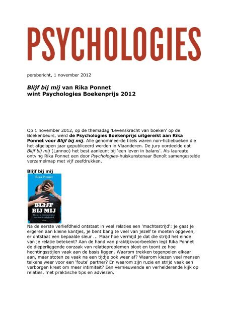Blijf bij mij van Rika Ponnet wint Psychologies ... - Boekenbeurs