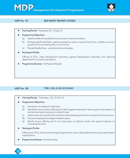 Training calender - Central Institute of Road Transport