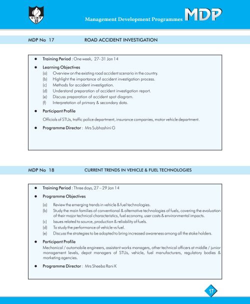 Training calender - Central Institute of Road Transport