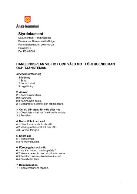 Handlingsplan för hot och våld mot förtroendeman ... - Ånge kommun