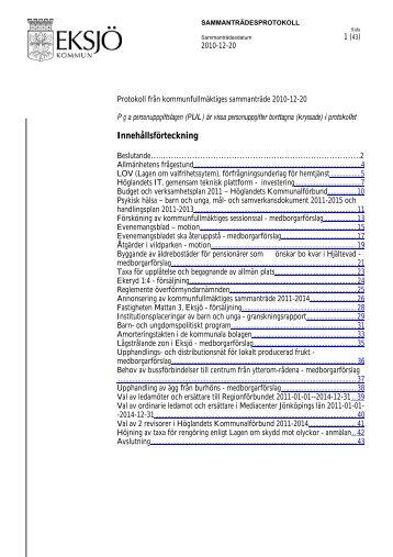 Kommunfullmäktiges protokoll 2010-12-20 - Eksjö kommun