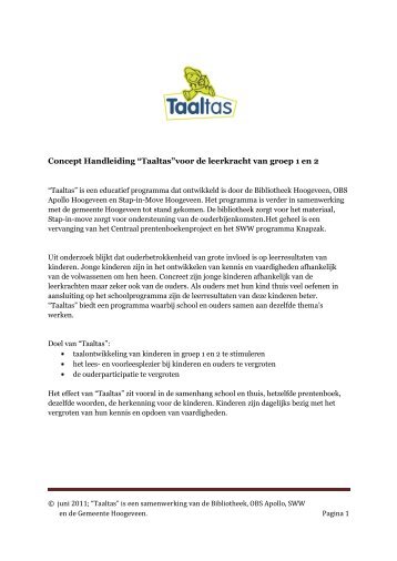 Concept Handleiding “Taaltas”voor de leerkracht van groep 1 en 2