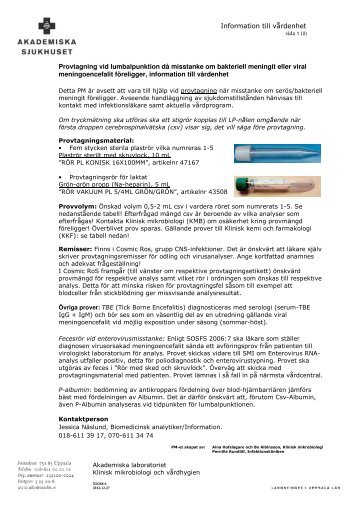 Provtagning vid lumbalpunktion då misstanke om bakteriell meningit ...