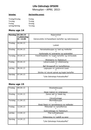 Lille Odinshøjs SPISERI Menuplan – APRIL 2013 -