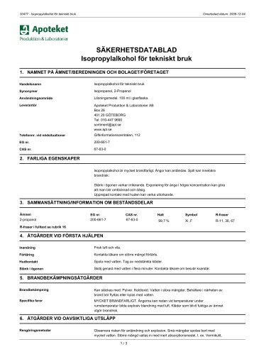 SÄKERHETSDATABLAD Isopropylalkohol för tekniskt bruk - Apoteket