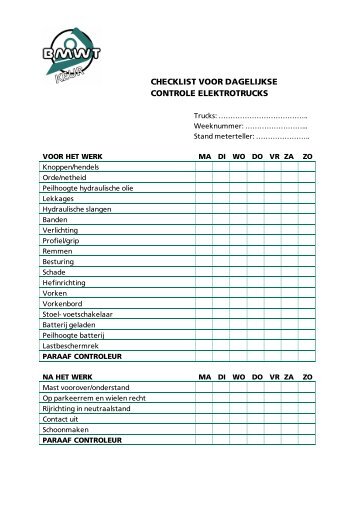 checklist voor dagelijkse controle elektrotrucks - Bmwt