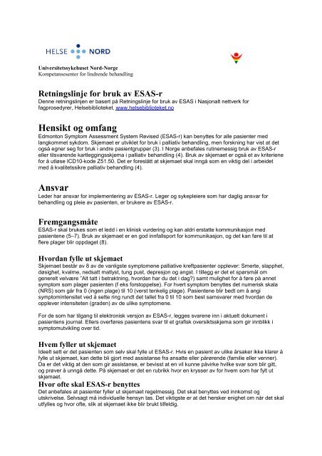 Retningslinjer for bruk av ESAS-r - Universitetssykehuset Nord-Norge