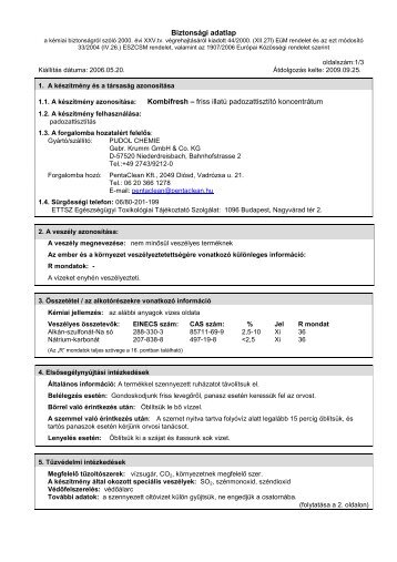 Biztonsági adatlap Kombifresh –friss illatú ... - PentaClean Kft.