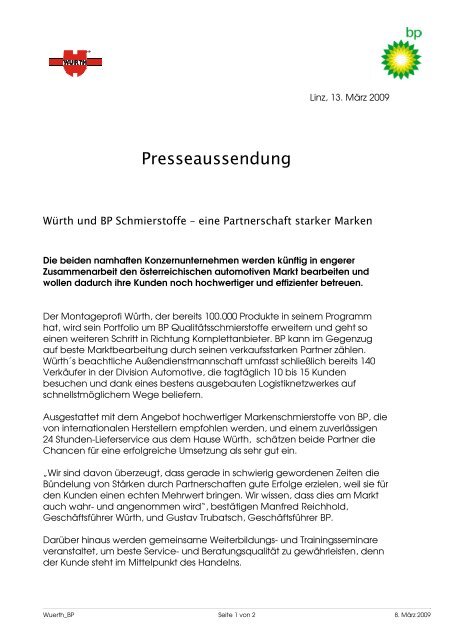 Presse-Info Würth und BP Schmierstoffe (pdf, 145KB)