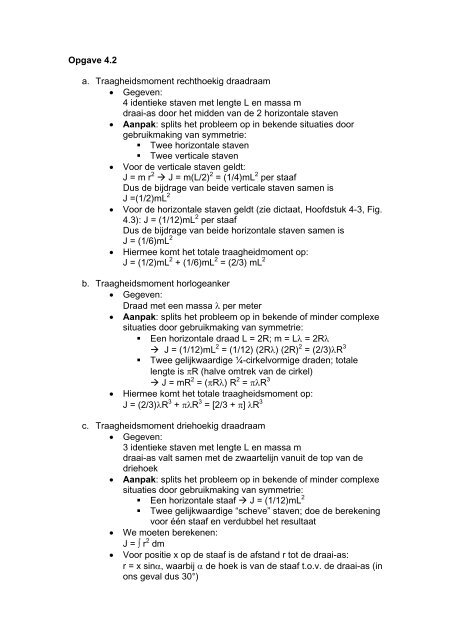 Opgave 4.2 a. Traagheidsmoment rechthoekig draadraam ...