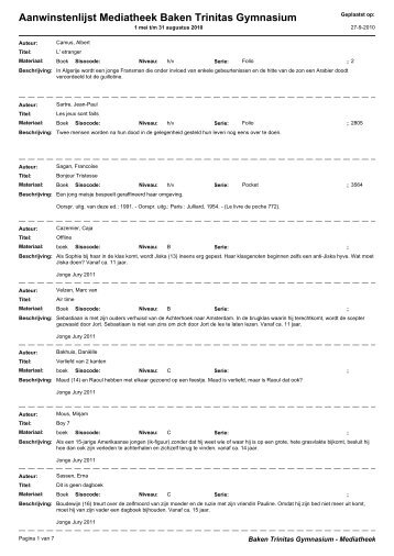 Aanwinstenlijst Mediatheek Baken Trinitas Gymnasium - Het Baken
