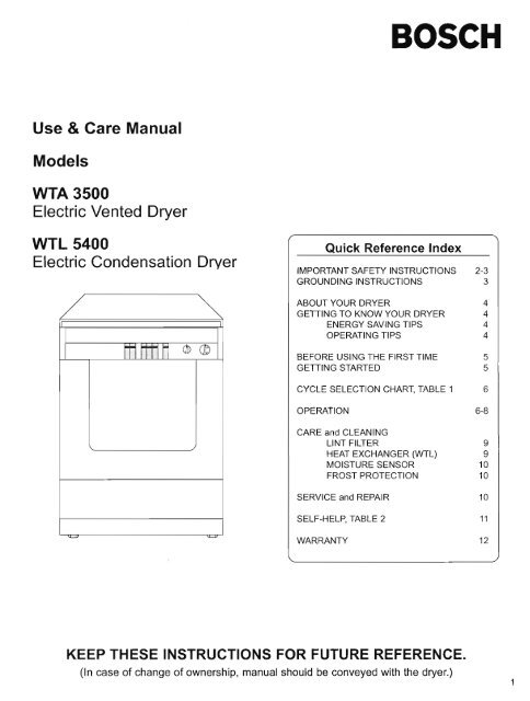 Use &amp; Care Manual for Bosch WTA 3500 and WTL 5400 dryers