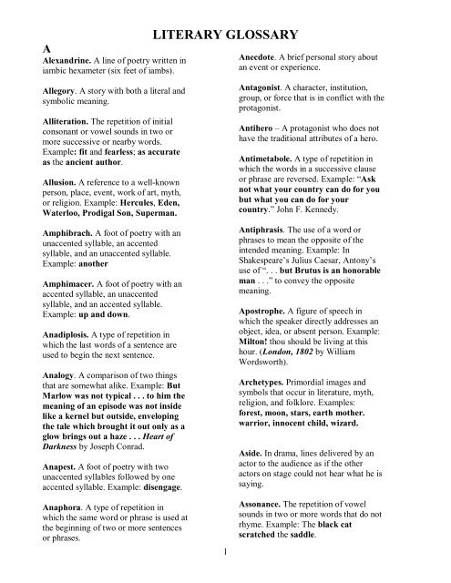 Literary Glossary Pdf Helena High School