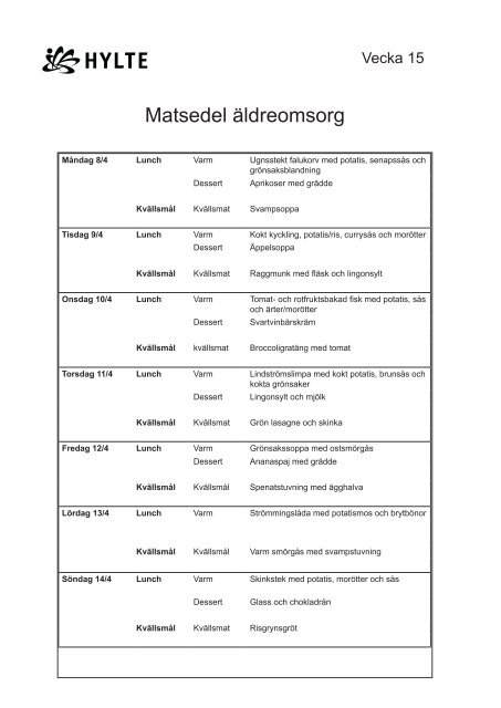 Matsedel äldreomsorg - Hylte