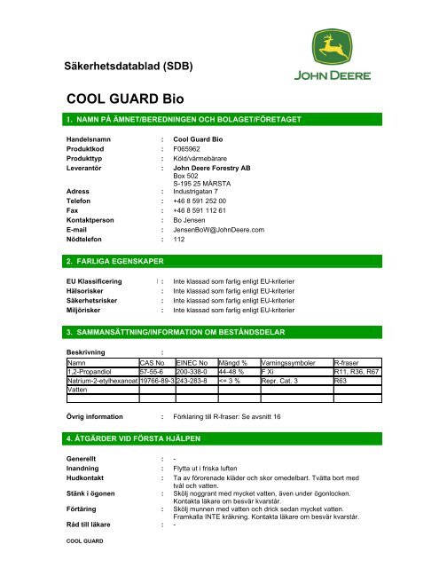 Säkerhetsdatablad Cool-Gard Bio kylvätska - OP maskiner ab.