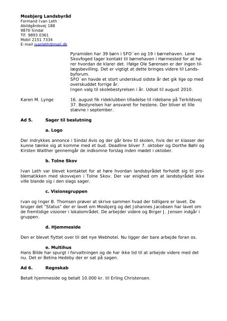 Referat af mødet i landsbyrådet den 17. august 2009 - Mosbjerg-Tolne