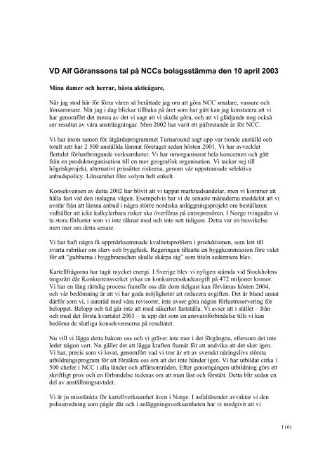 VD Alf Göranssons tal på NCCs bolagsstämma den 10 april 20…