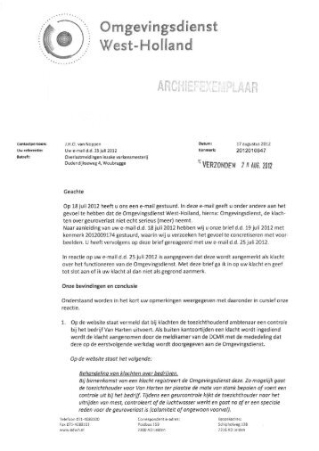 Reactiebrief klacht overlastmeldingen varkensmesterij Woubrugge ...