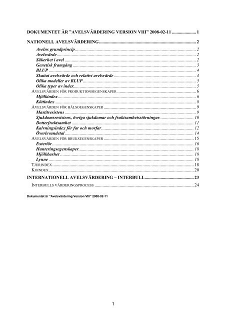 1 dokumentet är ”avelsvärdering version viii” - Svensk Mjölk