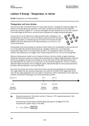 Lektion 9 Energi – Temperatur vs värme - bjornjonsson.se