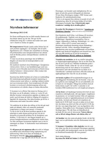 Styrelsen informerar 20121202 - HSBs brf Städet 2 i Österåker