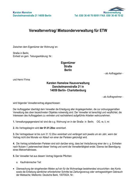 Sondereigentumsverwaltungsvertragsmuster - Hausverwaltung