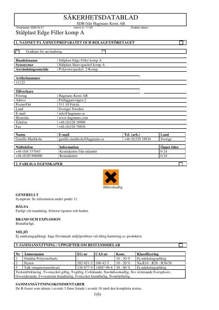 SÄKERHETSDATABLAD - Hagmans