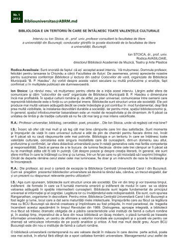 interviu cu ion stoica, dr - Biblioteca Ştiinţifică a Universităţii de Stat