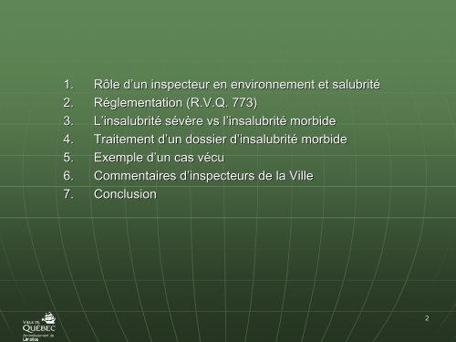 Point de vue d'un inspecteur en environnement et salubrité dans les ...