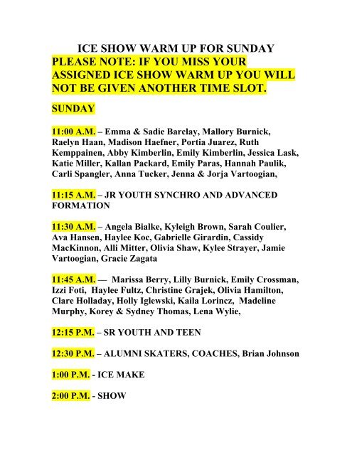 2013 Ice Show Warm Up Schedule - Livingston Skate Club