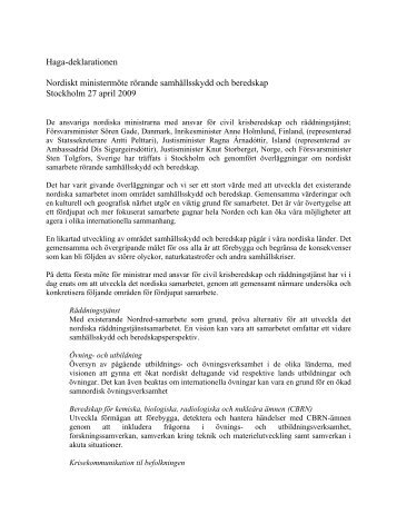 Haga-deklarationen Nordiskt ministermöte rörande samhällsskydd ...