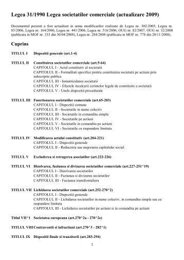 Legea 31/1990 Legea societatilor comerciale (actualizare 2009)
