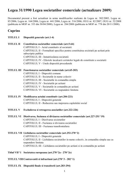 Legea 31/1990 Legea societatilor comerciale (actualizare 2009)