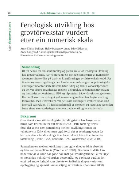 Fenologisk utvikling hos grovfôrvekstar vurdert etter ein numerisk ...