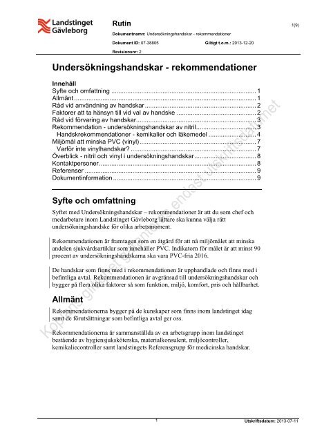 Undersökningshandskar - rekommendationer - Landstinget Gävleborg