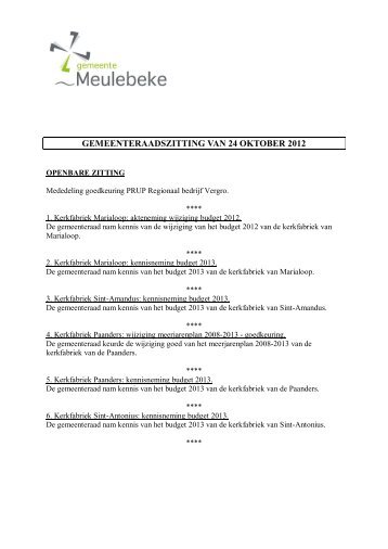 Verslag gemeenteraad 24-10-12 - Gemeente Meulebeke